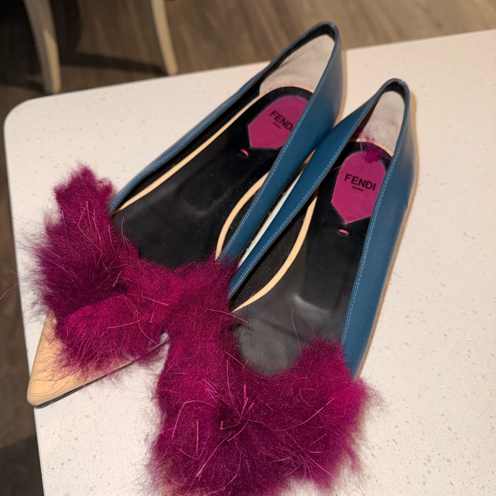 Fendi Blue and Magenta Flats with Fur Accent